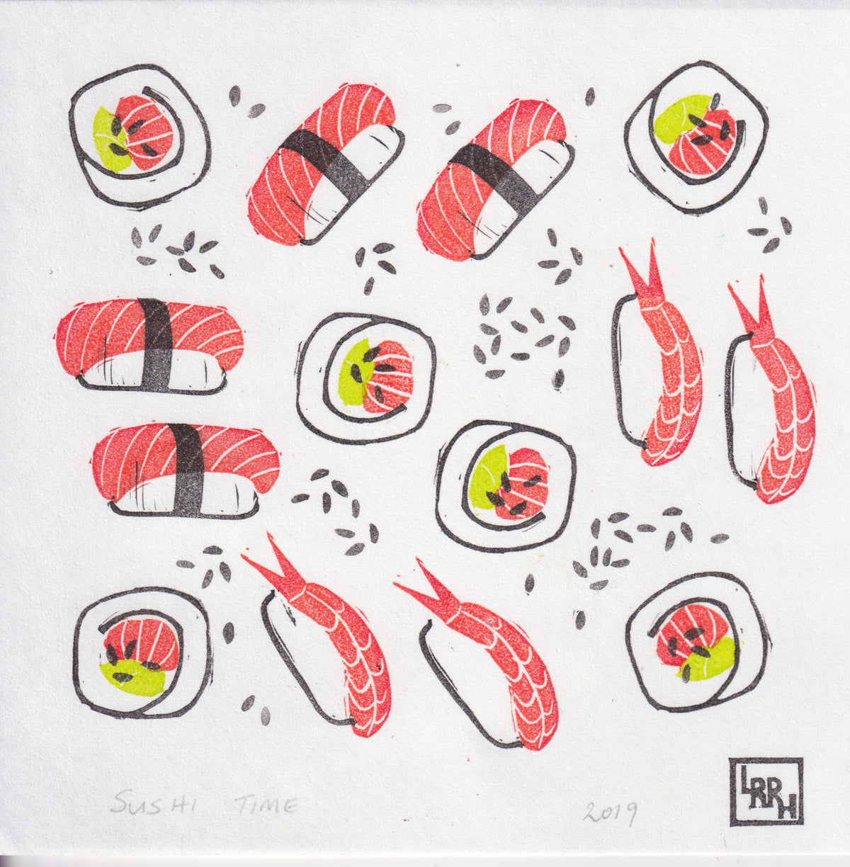 Sushi Time - original hand-printed linoprint